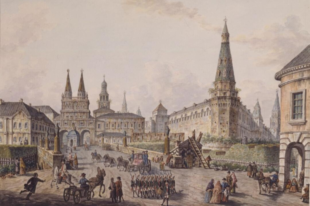 Федор Алексеев. Вид Воскресенской площади. 1800-е годы. Бумага, тушь, акварель. Из коллекции Музея архитектуры им. А.В. Щусева
